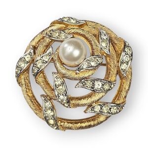 Vintage Faux Pearl Brooch Yellow Rhinestone Triple Circles Brushed Gold Plate